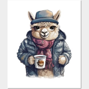 Alpaca wearing a jackets holding a cup coffee Posters and Art